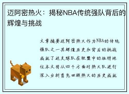 迈阿密热火：揭秘NBA传统强队背后的辉煌与挑战